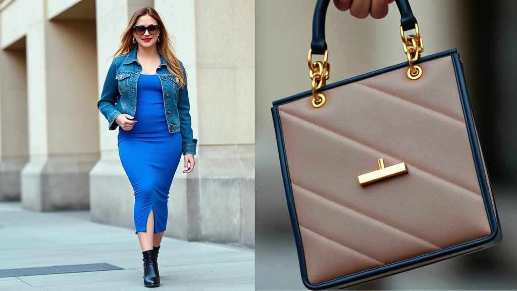 Full-length styling of woman in electric blue bodycon dress paired with black ankle boots, oversized denim jacket, large sunglasses with colored tint, bold red lip color, geometric patterned bag with gold hardware