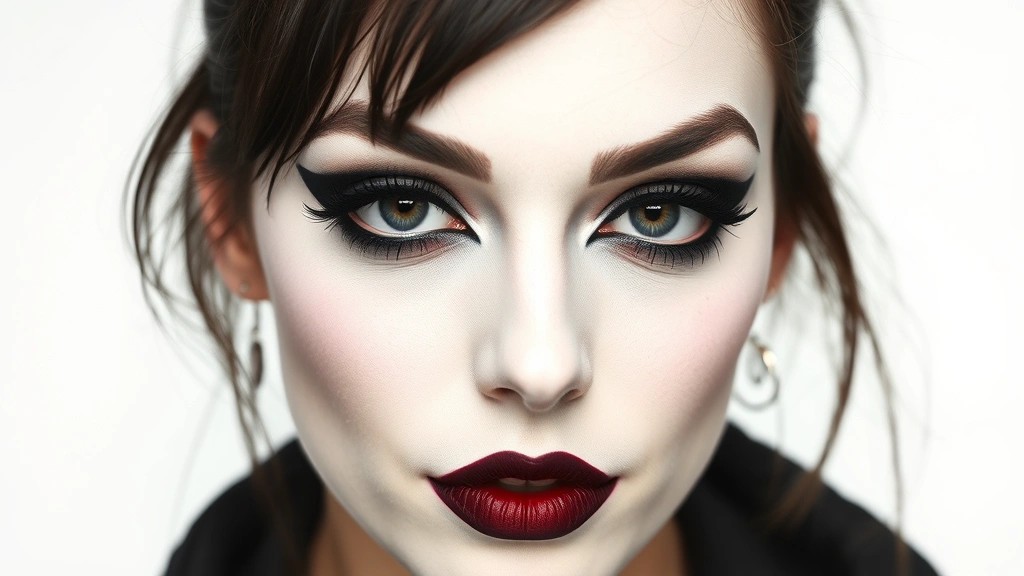 Full face 80s punk makeup look showing stark white pale base, exaggerated black eye makeup with asymmetrical application, dark burgundy or black lipstick applied precisely, face powder creating matte finish, dramatic contrast between dark eyes and pale skin, studio lighting