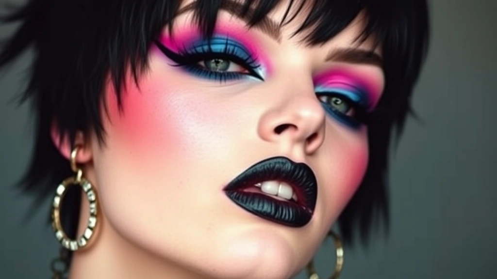 Artistic 80s punk makeup featuring bright colored eyeshadow in electric blue or purple paired with heavy black liner, contrasting dark lip color, intentionally imperfect blending demonstrating raw aesthetic, creative makeup application showing rebellion against conventional beauty standards