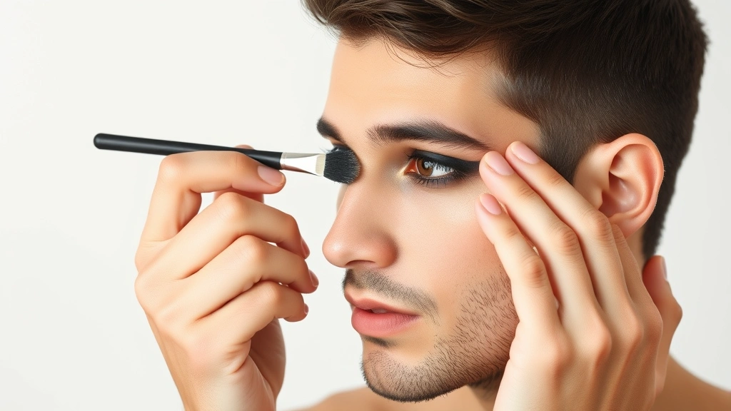 Male model applying dark eyeshadow with a brush, demonstrating blending technique, natural studio lighting, hands and eye area in focus, showing makeup application process, clean background