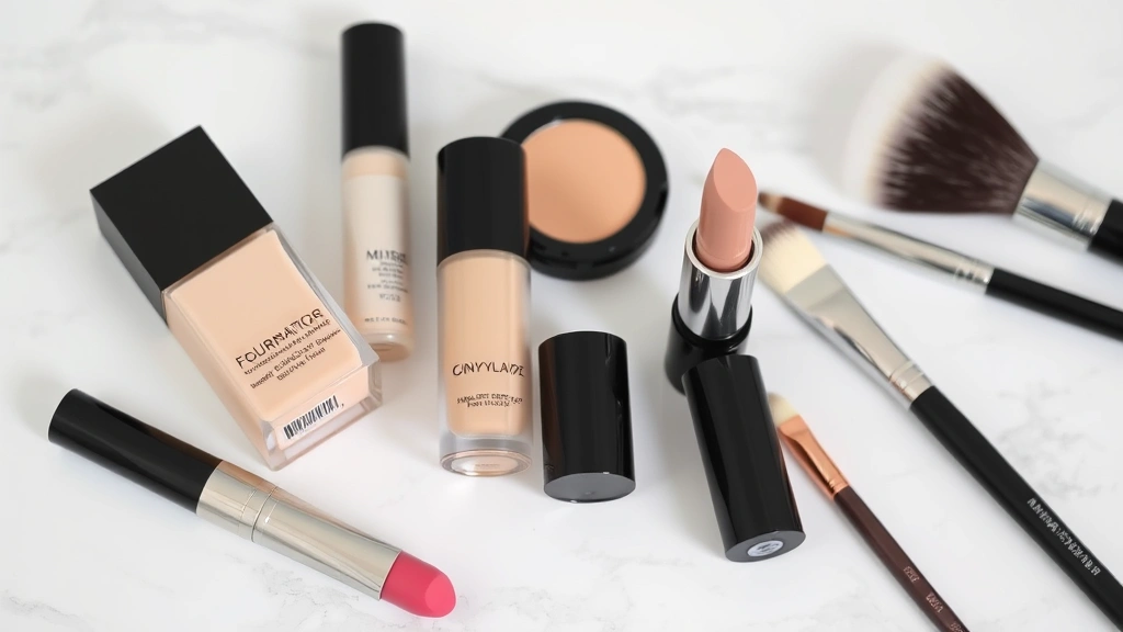 High-quality luxury makeup products including foundation, concealer, and neutral lipstick arranged artfully with makeup brushes on a white marble surface, beauty product photography