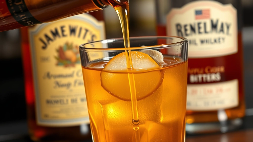 Close-up of fresh unfiltered apple cider being poured into a mixing glass with aromatic bitters and maple syrup, golden amber liquid catching light, professional bar setting with whiskey bottle in background