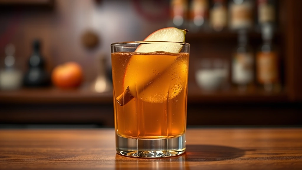 Finished apple cider old fashioned cocktail in rocks glass with cinnamon stick garnish and thin apple slice, sitting on wooden bar counter, autumn-colored background with warm mood lighting, professional presentation