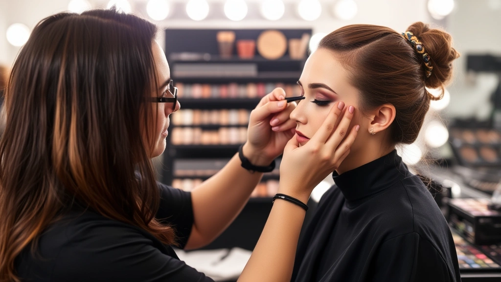 Makeup artist applying eyeshadow to model's eyelid using professional techniques, showing brush placement and blending motion, backstage or professional makeup studio setting with organized makeup collection visible