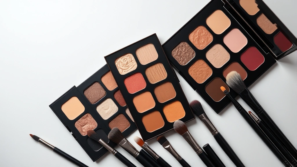 Flat lay of five different eyeshadow palettes arranged artfully with makeup brushes, showing color variety from neutrals to jewel tones, professional photography studio lighting with soft shadows