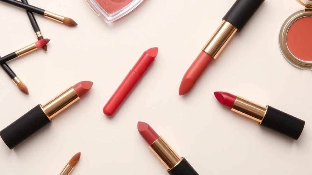 Beauty flat lay featuring five lipstick tubes in trending 2023 colors arranged artfully on a neutral background with subtle makeup brushes and lip products