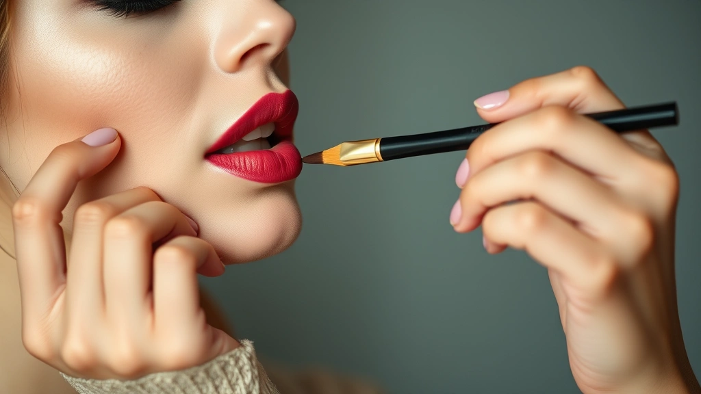 Woman applying lipstick with precision using a lip liner and brush technique, showing proper application method with flawless technique in soft natural lighting