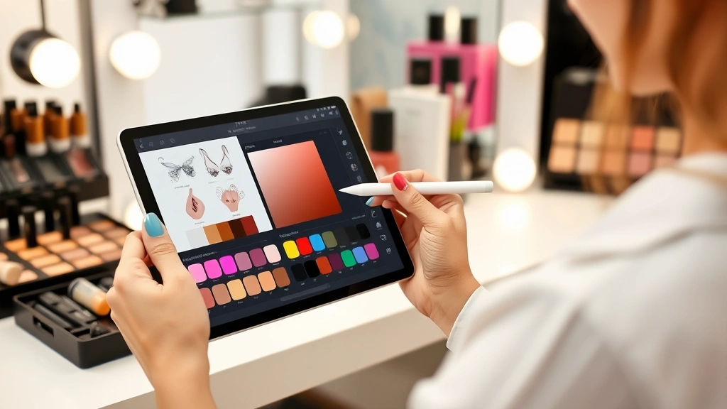Woman using iPad Pro with makeup design app, digital color palette displayed on screen, Apple Pencil in hand, professional beauty studio setting with organized makeup products visible
