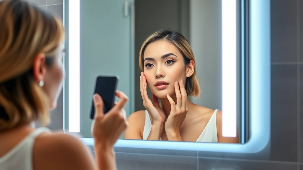 Smart mirror with integrated lighting in modern bathroom, woman examining makeup application with adjustable LED lights creating perfect illumination, sleek contemporary design, clear reflection of makeup details
