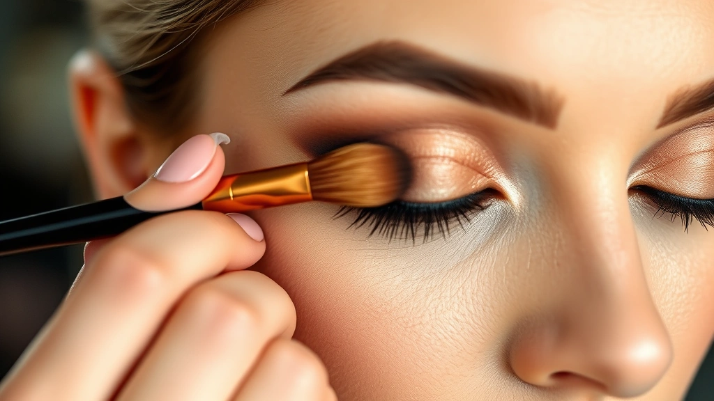 Woman applying eyeshadow with a blending brush, demonstrating the crease technique with warm brown and taupe colors, professional makeup application, detailed hand and eye focus