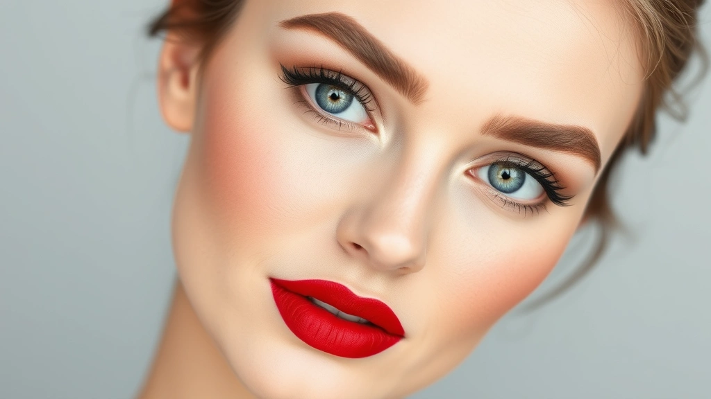 Finished makeup look featuring classic red lipstick, perfectly shaped brows, defined eyes with subtle highlight on brow bone, porcelain skin with natural flush, elegant portrait photography