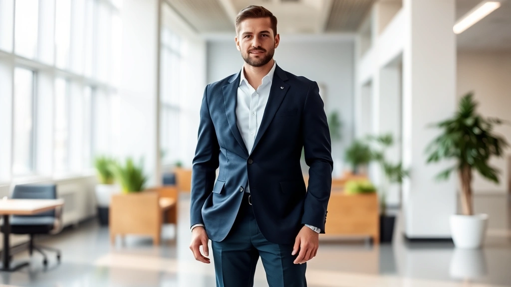Professional tall man wearing navy blazer and white dress shirt with proper sleeve length and shoulder fit, standing confidently in modern office setting, natural lighting