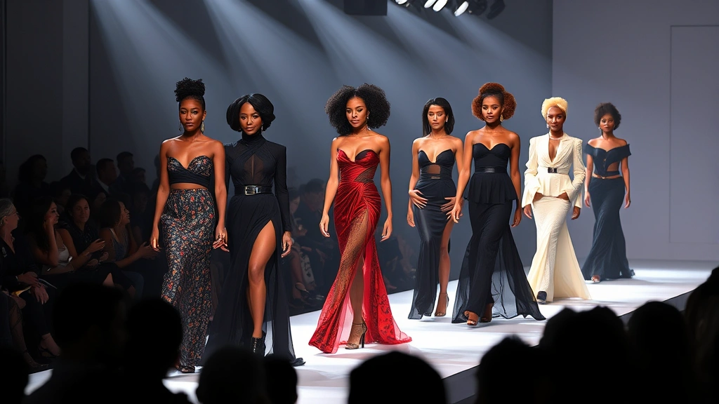Diverse models wearing avant-garde haute couture pieces on a luxury fashion runway, dramatic lighting with audience silhouettes, celebrating contemporary Black design excellence