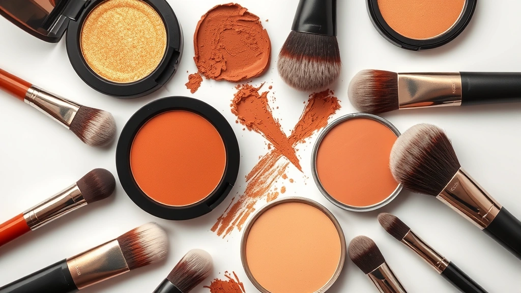 Overhead flat lay of warm-toned makeup products arranged artfully: gold shimmer eyeshadow, warm brown matte shadow, terracotta blush, and champagne highlighter arranged in circular pattern with makeup brushes