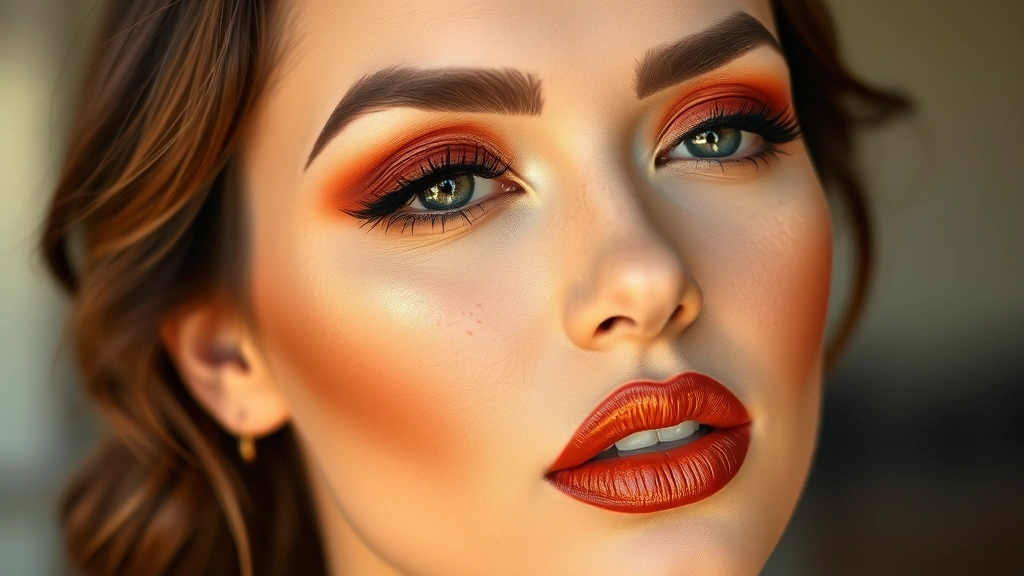 Beauty portrait of a woman with completed warm-toned brandy old fashioned inspired makeup look featuring amber and brown eyeshadow gradient, warm bronze contour, and golden-brown lip color in natural lighting