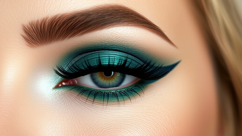 Bold eye makeup featuring jewel-tone emerald eyeshadow with metallic shimmer, winged eyeliner, and volumized black lashes on open eye