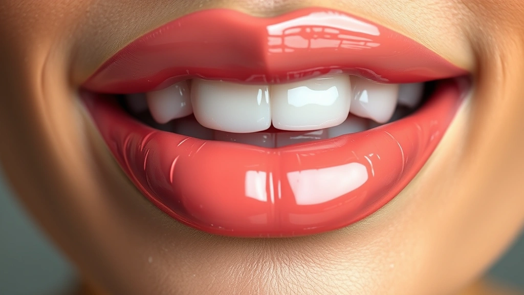 Glossy, oversized lips with nude-pink lipstick and high-shine gloss, showing dimensional depth and wet appearance from professional makeup application