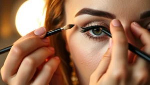 Professional makeup artist applying classic winged eyeliner with precision brush on model's eye, warm studio lighting, close-up of technique and hand placement