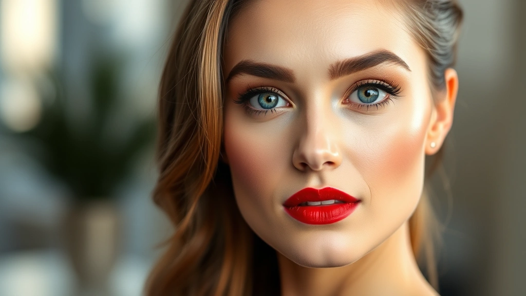Woman with timeless makeup look featuring defined brows, structured contouring, and bold red lips, professional beauty photography, soft natural lighting, polished appearance
