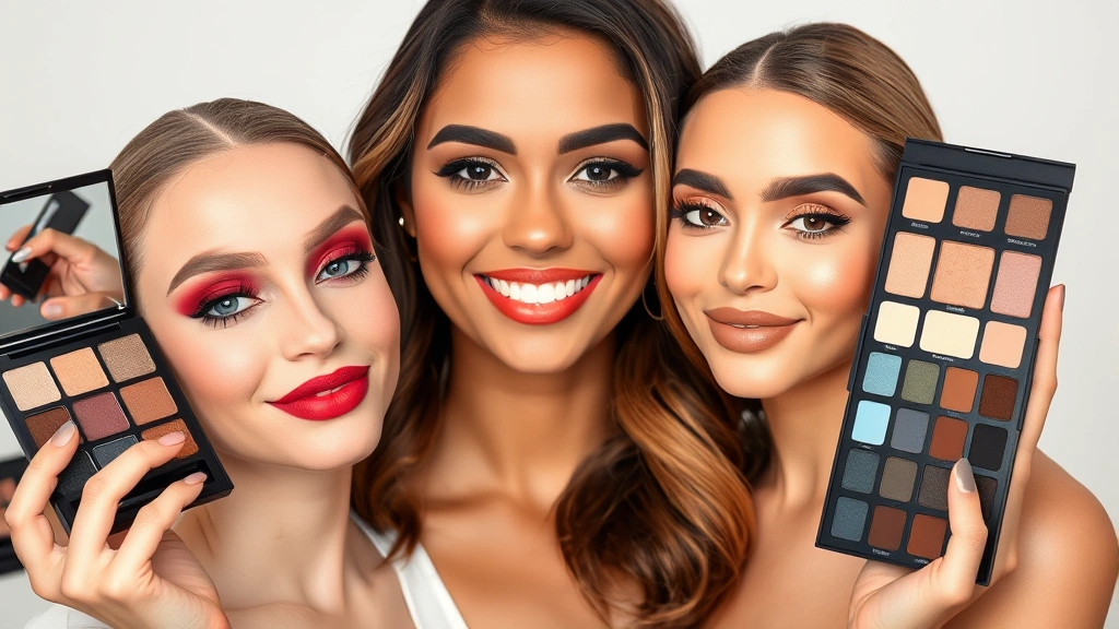 Beauty expert demonstrating color theory with makeup swatches on diverse skin tones, showing complementary eyeshadow colors, organized professional setup, educational aesthetic