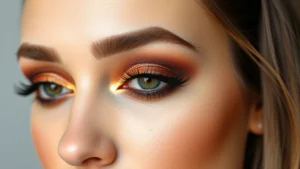 Close-up of warm bronze smoky eye makeup with blended brown and charcoal shadows, champagne inner corner highlight, applied on light skin with natural complexion, professional beauty photography with soft studio lighting