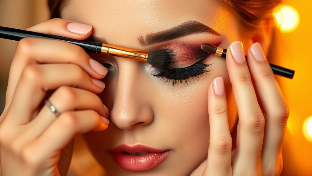 Woman applying eyeshadow with precision makeup brush to create gradient smoky eye effect, hands visible with manicured nails, warm lighting showing makeup application technique in detail