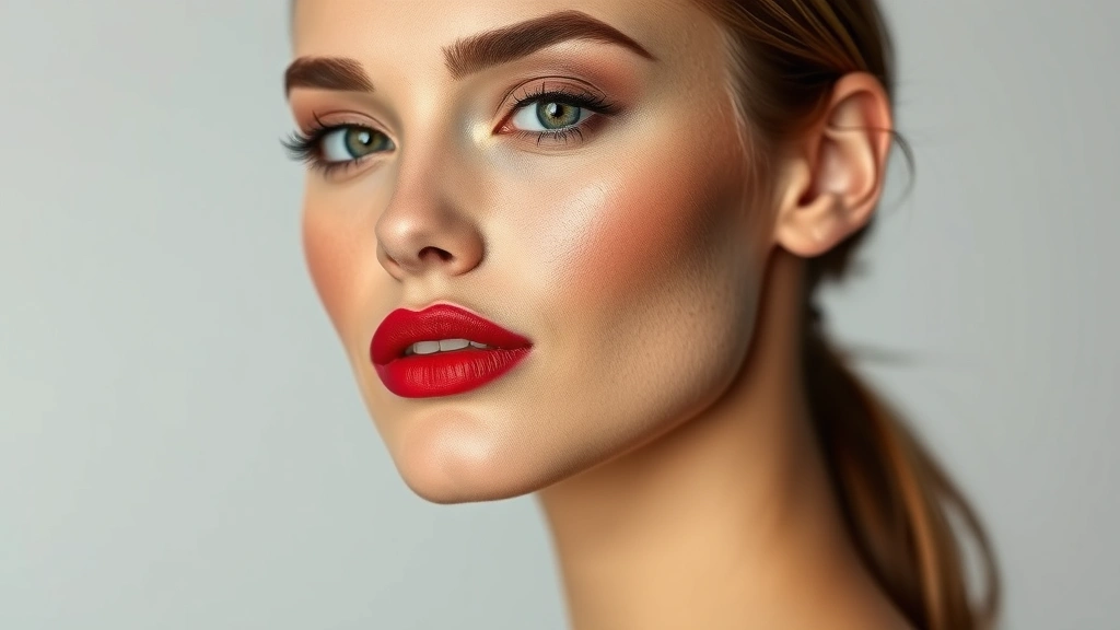 Portrait of polished woman wearing classic red lipstick with nude eyeshadow, defined eyebrows, luminous skin with subtle highlighting, professional beauty photography with soft natural-looking glow