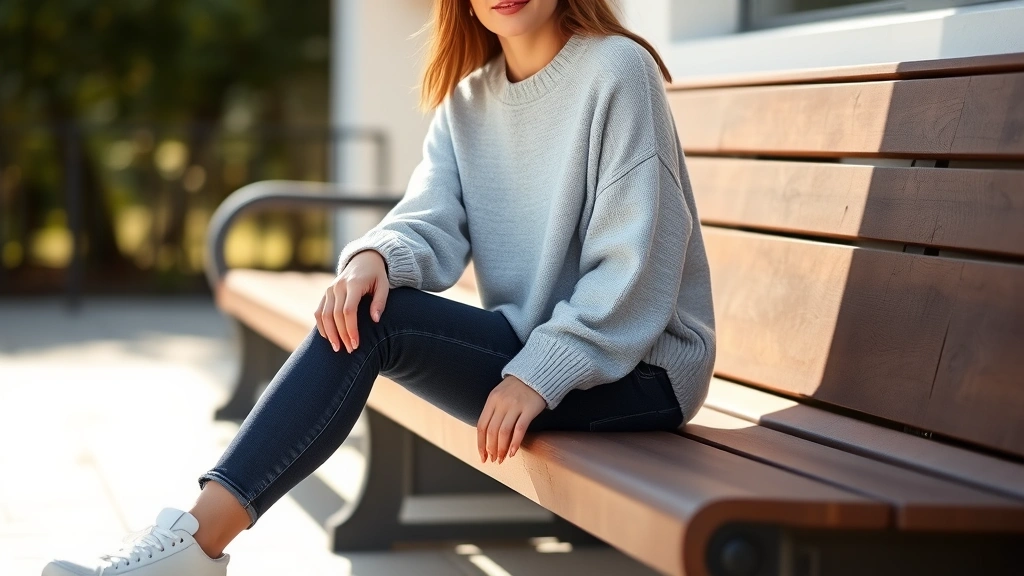 Woman wearing light gray oversized sweater with dark jeans and white sneakers, sitting on wooden bench in natural sunlight, relaxed confident posture, neutral warm tones