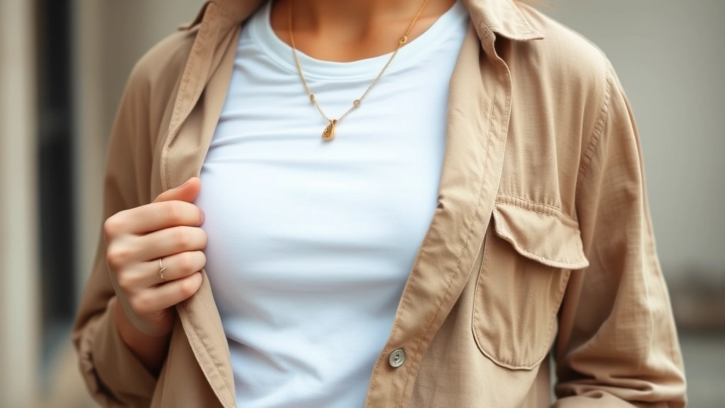 Close-up of layered casual outfit: fitted white t-shirt, open tan linen shirt, delicate gold necklace, hands adjusting rolled sleeves, soft natural lighting against blurred background
