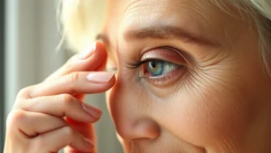 Close-up of a woman in her 50s with glowing skin applying cream eyeshadow with her fingertip, natural window lighting, warm undertones, dewy finish, minimal makeup visible