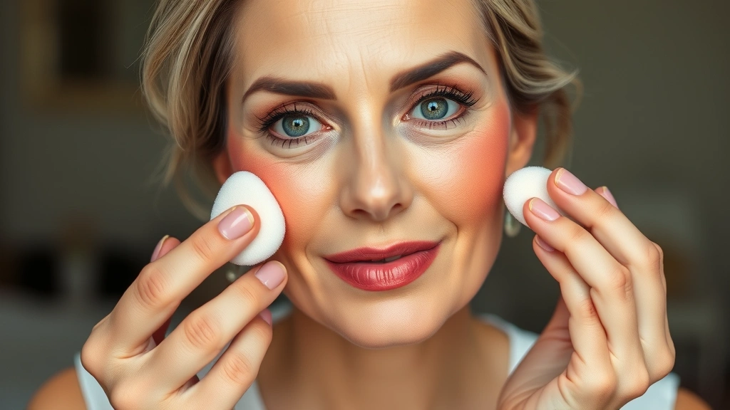 Mature woman with elegant makeup applying cream blush to cheekbones with a beauty sponge, soft natural lighting, coral-toned blush, relaxed expression, casual setting