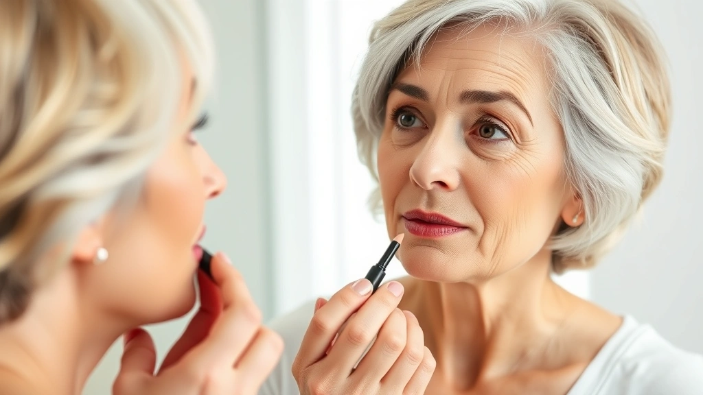 Woman over 50 examining her reflection while applying nude lipstick with a lip liner, natural lighting, well-groomed eyebrows visible, confident expression, bathroom vanity background