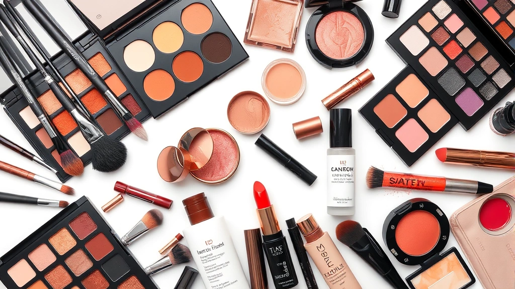 Overhead flat lay of professional makeup artist's kit featuring brushes, eyeshadow palettes with warm and cool tones, bold lip colors in jewel tones and corals, dewy highlighters, and sustainable eco-friendly cosmetic products arranged artfully