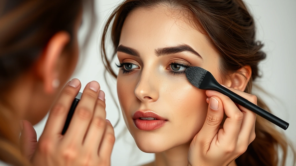 Makeup artist blending waterproof foundation on oily skin using damp beauty sponge with stippling technique, bright studio setting