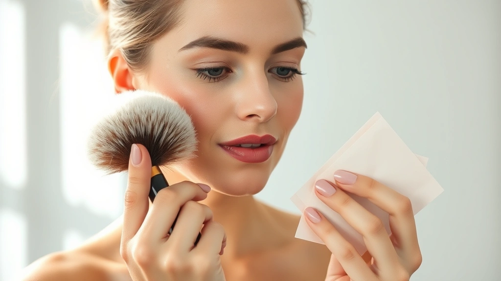 Person with shiny T-zone using translucent setting powder with fluffy brush for oil control, holding blotting papers, natural daylight