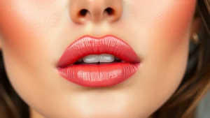 Close-up of a woman's face showcasing gradient ombre lips in coral and pink shades, dewy glass skin complexion with natural highlighting, minimal eyeshadow, professional makeup artistry photography