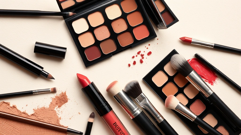 Overhead flat lay of makeup products including liquid eyeliner, eyeshadow palettes in earthy tones, lip tints in burgundy and coral, and brushes arranged artistically on a neutral background