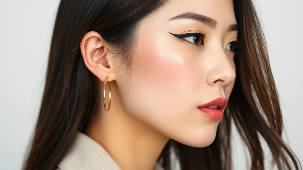 Side profile of an East Asian woman wearing bold graphic black eyeliner, defined puppy liner under eyes, peachy-toned blush, and neutral lip color, styled with minimalist fashion accessories