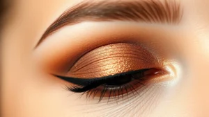 Close-up of a person's eye with warm brown and bronze eyeshadow blended smoothly, featuring a nude eyeliner on the waterline and well-groomed full brows, natural lighting showing the metallic shimmer