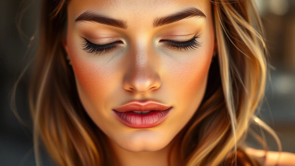 Portrait of a woman with glossy nude-pink lips, bronzed skin with a sun-kissed glow, and warm-toned makeup, shot in soft natural daylight with a peaceful expression