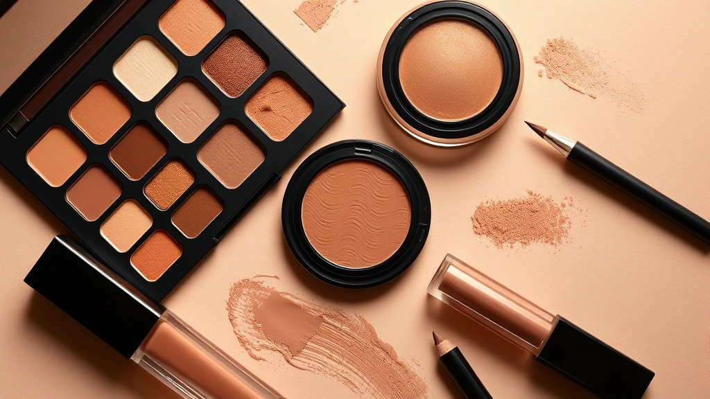 Flat lay of 90s-inspired makeup products including brown eyeshadow palette, lip gloss with shine, bronze powder, and brow pencil arranged artfully on a neutral background with warm lighting