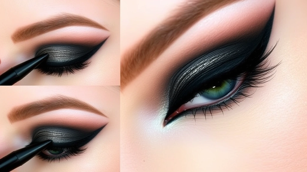 Detailed view of gothic eye makeup showing layered eyeshadow technique with transition shade in crease, matte black shadow on lid, shimmery white highlight in inner corner, and crisp black liquid eyeliner creating dramatic wing, demonstrating blending and precision