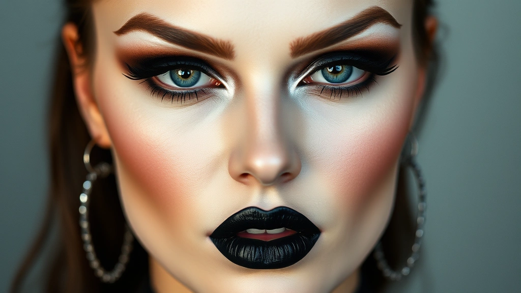 Full face gothic makeup look featuring pale foundation base, contoured cheekbones, heavily defined eyes with smokey effect, structured dark eyebrows, and black liquid lipstick with glossy overlay, showcasing complete dramatic aesthetic with professional makeup artistry and symmetrical design