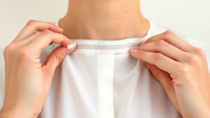Close-up of hands carefully applying clear double-sided fashion tape to the inside neckline of a white silk blouse against pale skin, showing proper application technique with fingers pressing firmly