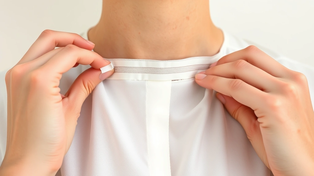 Close-up of hands carefully applying clear double-sided fashion tape to the inside neckline of a white silk blouse against pale skin, showing proper application technique with fingers pressing firmly