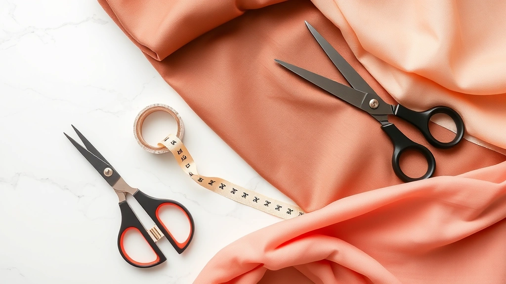 Flat lay composition of fashion tape roll, scissors, and various fabric swatches including silk, satin, and chiffon arranged on a white marble surface, showing professional styling tools