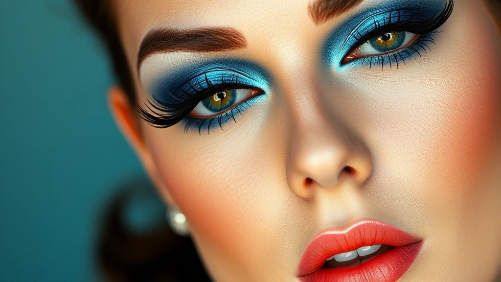 Woman's face showing full 60s makeup look with bold blue metallic eyeshadow, winged eyeliner, full false lashes, pale foundation, and defined dark eyebrows, vintage aesthetic