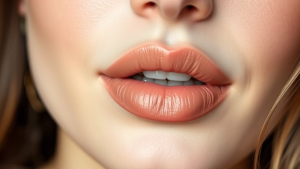 Detailed shot of perfectly applied nude lipstick on a woman's lips with pale complexion, showing the matte finish and precision lip application technique, beauty close-up