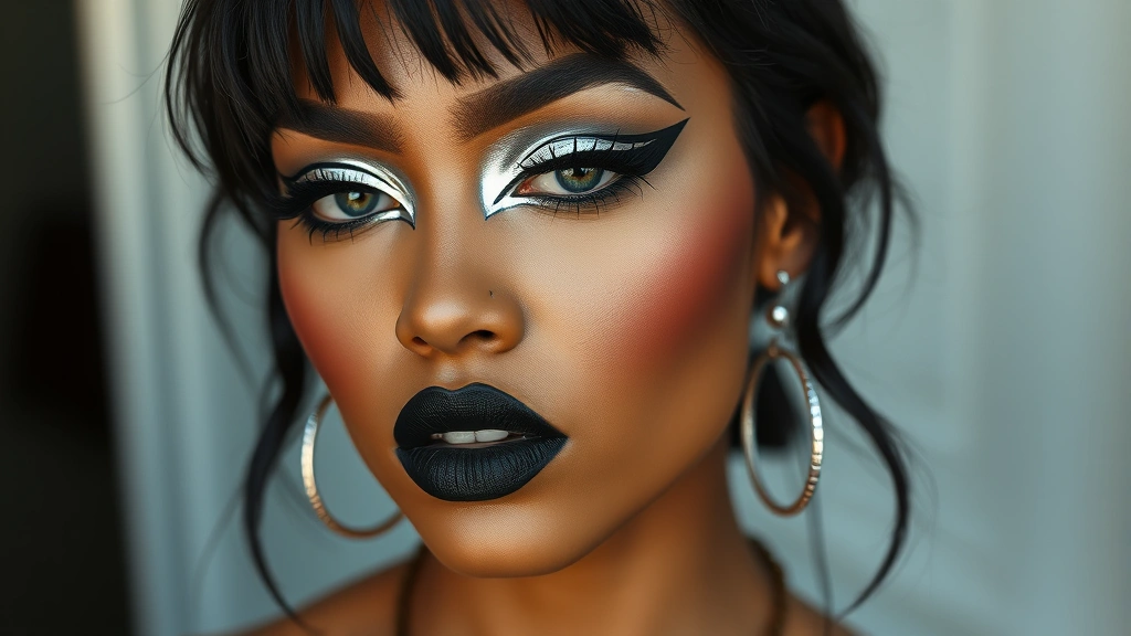 Professional dystopian makeup look with asymmetrical graphic eyeliner extending beyond the eye, chrome silver lid, heavy contoured cheekbones, and matte black lipstick on a diverse model