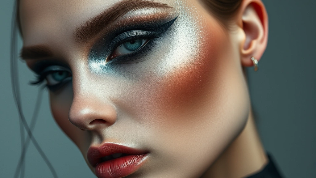 Avant-garde dystopian beauty styling showcasing layered cool metallics, deep charcoal shadows, sharp winged eyeliner, and editorial makeup artistry on a model's face
